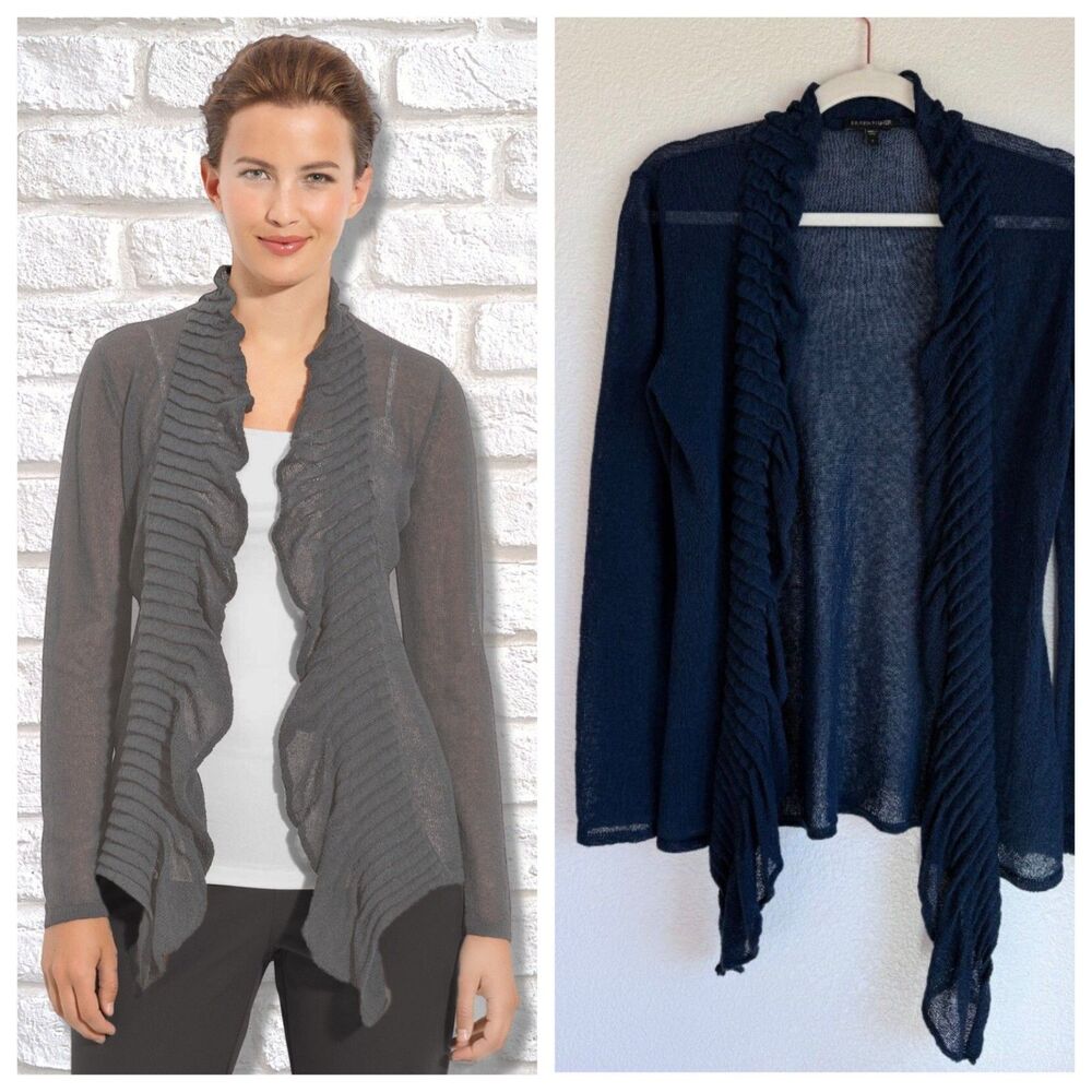 Eileen Fisher Linen Blend Ruffle Sheer Waterfall Cardigan Navy Blue Size S